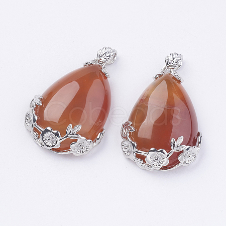 Teardrop with Flower Platinum Plated Brass Natural Red Agate Pendants G-F228-37A-RS-1