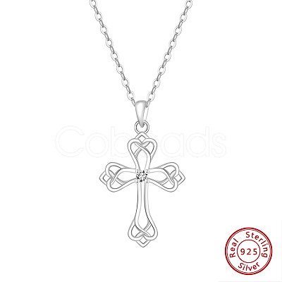 Rhodium Plated 925 Sterling Silver Pave Clear Cubic Zirconia Knot Cross Pendant Necklaces for Women NJEW-F323-02P-1