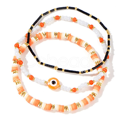 3Pcs Halloween Evil Eye Polymer Clay & Glass Beaded Bracelet Sets NV8085-1