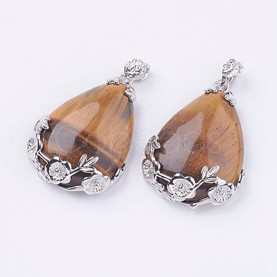 Teardrop with Flower Platinum Plated Brass Natural Tiger Eye Pendants G-F228-37E-RS-1