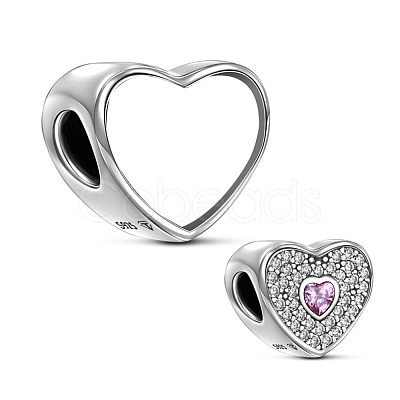 TINYSAND Rhodium Plated 925 Sterling Silver Personalized Dual Hearts Charm Cubic Zirconia European Beads TS-C-144-1