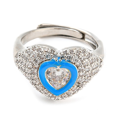 Enamel Heart Adjustable Ring with Clear Cubic Zirconia RJEW-Q781-01P-02-1