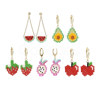 5 Pairs 5 Styles Handmade Japanese Seed Braided Fruit Dangle Leverback Earrings & Stud Earrings EJEW-MZ00022-1