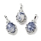 Natural Blue Spot Jasper Oval Pendants, Platinum Tone Brass Micro Pave Clear Cubic Zirconia Flower Charms, Long-Lasting Plated, Lead Free & Cadmium Free, 30x19x10mm, Hole: 7.8x5mm