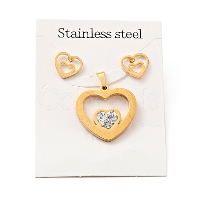 Double Heart Stud Earrings with 316 Stainless Steel Pins and Crystal Rhinestone Pendant SJEW-F218-02G-1