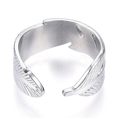 Non-Tarnish 304 Stainless Steel Feather Open Cuff Ring for Women RJEW-N040-30-1