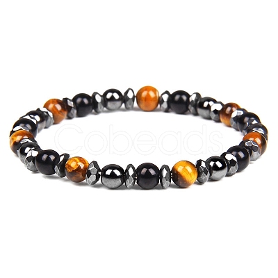 Non-magnetic Synthetic Hematite and Natural Tiger Eye Beaded Stretch Bracelets for Men PW-WG779D8-01-1