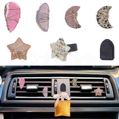 6Pcs 6 Style Teardrop Star Moon Natural Gemstone Air Vent Clips & 1Pc Resin Car Mini Hooks JEWB-AB00029-1