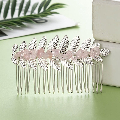 Leaf Natural Rose Quartz Chips Hair Combs PW-WG12843-04-1