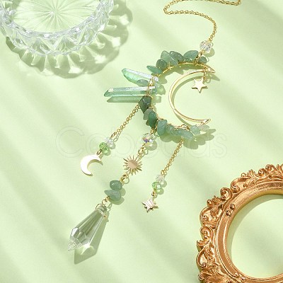 Natural Green Aventurine Chips & Brass Moon Pendant Decorations HJEW-TA00066-02-1