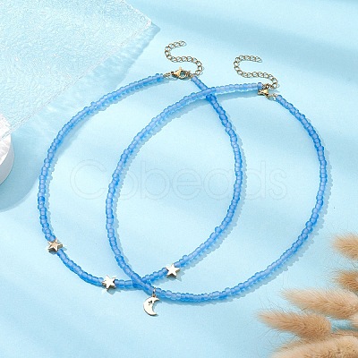 2Pcs 2 Style Moon & Star Brass & Glass Seed Beaded Necklace Set for Women NJEW-JN04394-1