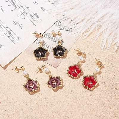 3Pairs 3 Colors Pentagon and Shell Pearl Dangle Stud Earrings EJEW-TA00056-1