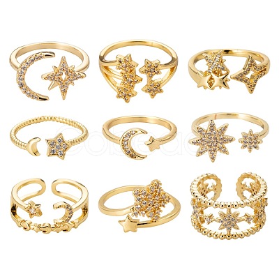 9Pcs 9 Style Adjustable Brass Micro Pave Clear Cubic Zirconia Cuff Rings RJEW-LS0001-18G-1