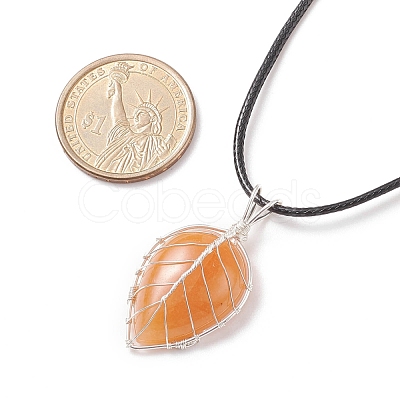 Natural Red Aventurine Leaf Cage Pendant Necklace with Waxed Cords NJEW-TA00035-01-1