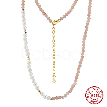 Faceted Round Natural Pink Opal & Shell Pearl Beaded Necklaces NJEW-L125-005G-02-1