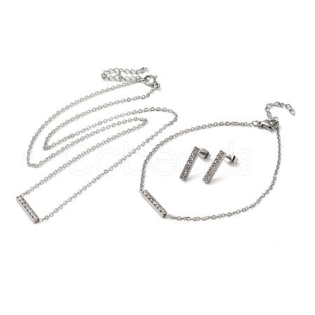 Rectangle 304 Stainless Steel Rhinestone Pendant Necklaces & Bracelets & Stud Earrings Sets for Women SJEW-C004-08P-1