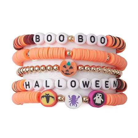 5Pcs 5 Styles Halloween Synthetic Non-magnetic Hematite & Polymer Clay Beaded Stretch Bracelet Sets BJEW-JB10733-1