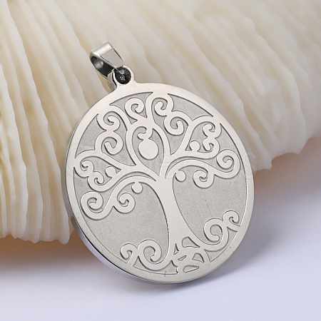 Flat Round with Tree of Life 304 Stainless Steel Pendants STAS-I040-06A-1