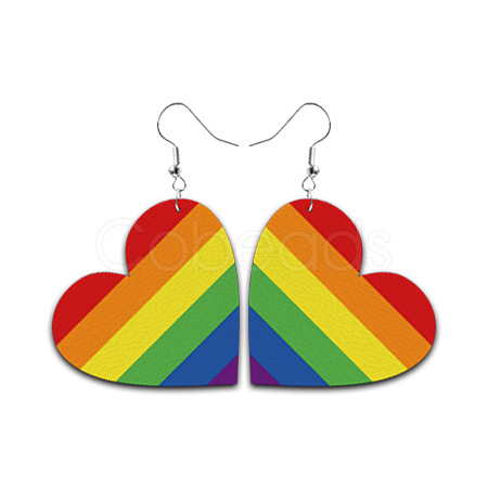 Rainbow Color Pride Flag PU Leather Heart Dangle Earrings RABO-PW0001-018B-1