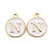 Golden Plated Alloy Charms, Cadmium Free & Lead Free, with Enamel, Enamelled Sequins, Flat Round with Letter, White, Letter.N, 14x12x2mm, Hole: 1.5mm