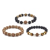 3Pcs 3 Style Natural Rudraksha & Tiger Eye & Lava Rock Beaded Stretch Bracelets Set BJEW-JB09024-4