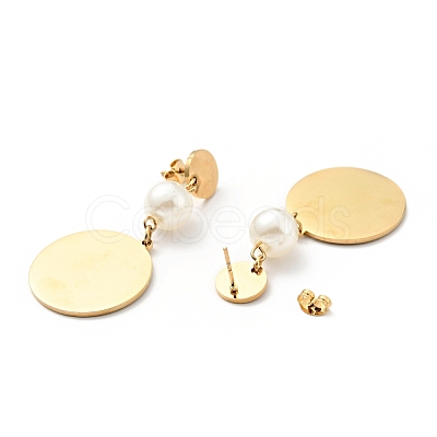 Flat Round with Acrylic Pearl Long Dangle Stud Earrings with 316 Stainless Steel Pins EJEW-F285-18G-1