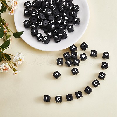 20Pcs Black Cube Letter Silicone Beads 12x12x12mm Square Dice Alphabet Beads with 2mm Hole Spacer Loose Letter Beads for Bracelet Necklace Jewelry Making JX433K-1