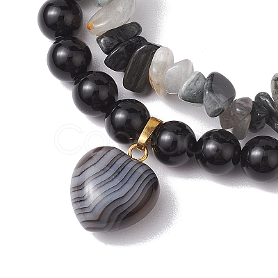 2pcs 2 Styles 6mm Round & Chip Natural Black Agate Beaded Stretch Bracelet Sets BJEW-TA00517-04-1