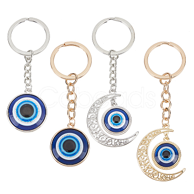 ARRICRAFT 4Pcs 4 Style Flat Round & Moon with Evil Eye Resin Pendant Keychains KEYC-AR0001-23-1