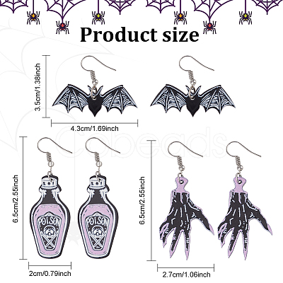 ANATTASOUL 3 Pairs 3 Style Skeleton Hand & Bat & Bottle Acrylic Dangle Earrings for Halloween EJEW-AN0002-93-1