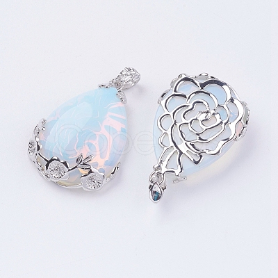 Teardrop with Flower Platinum Plated Brass Opalite Pendants G-F228-37H-RS-1