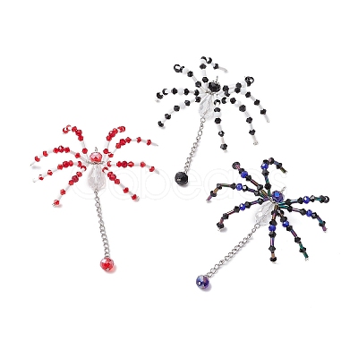 3Pcs 3 Colors Halloween Theme Spider Glass Pendants PALLOY-JF02882-1