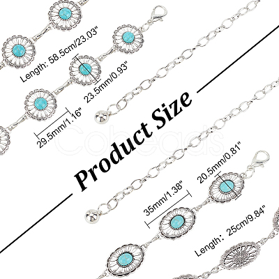 ARRICRAFT 2Pcs 2 Style Synthetic Turquoise Flower & Oval Link Chains Belt AJEW-AR0001-51-1