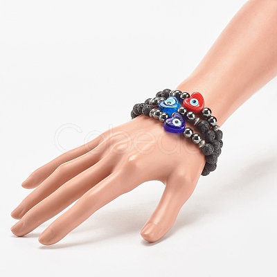 3Pcs 3 Color Natural Lava Rock & Synthetic Hematite Stretch Bracelets Set BJEW-JB08323-1