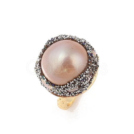 Round Natural Abalone Shell & Freshwater Pearls Finger Ring RJEW-C090-03G-1