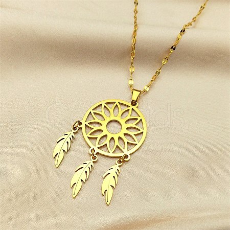 Woven Net/Web with Feather 304 Stainless Steel Pendant Necklaces for Women NJEW-G087-02G-1