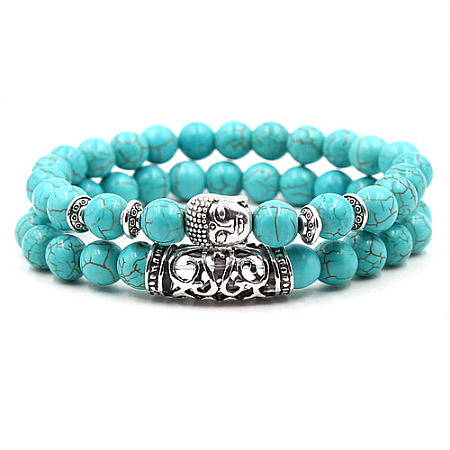 2Pcs Synthetic Turquoise Stretch Bracelet Sets for Women Men IX3190-1-1