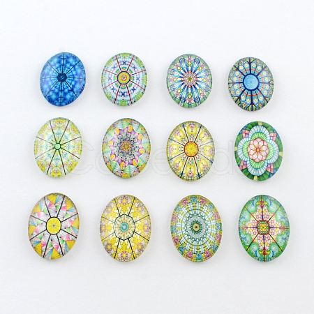 Kaleidoscope Flower Pattern Glass Oval Flatback Cabochons for DIY Projects GGLA-R022-18x13-38-1