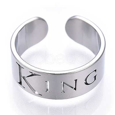 Non-Tarnish 304 Stainless Steel Word King Open Cuff Ring for Women RJEW-T027-09P-1