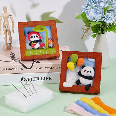 Olycraft 2 Sets 2 Style Panda Photo Frame Needle Felting Kit for Beginners DIY-OC0012-05-1