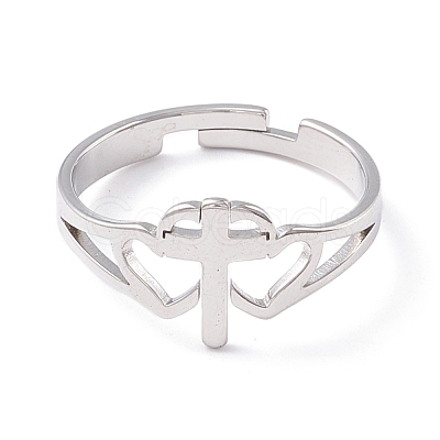 Non-Tarnish Double Heart with Cross 304 Stainless Steel Adjustable Ring for Women RJEW-B035-06P-1