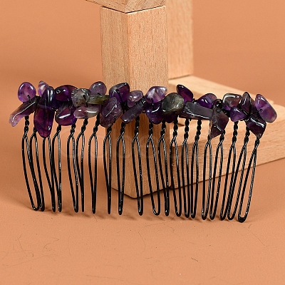 Natural Amethyst with Metal Chips Hair Combs PW-WG93284-04-1