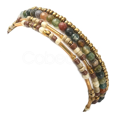 4Pcs 4 Style Natural Indian Agate & Tiger Eye & Seed Beaded Stretch Bracelets Set BJEW-JB09458-1