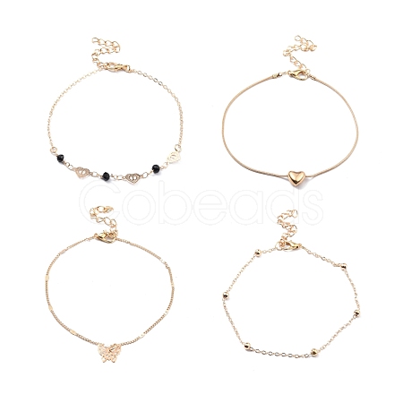 4Pcs 4 Style Alloy Chain Anklets Set with Heart Beaded and Butterfly Charm for Women SJEW-D009-01KCG-1