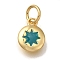 Rack Plating Brass Charms, with Enamel and Jump Ring, Cadmium Free & Lead Free, Long-Lasting Plated, Real 18K Gold Plated, Flat Round with Sun Charm, Teal, 9.5x7x1.5mm, Hole: 3mm