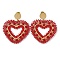 Woven Glass Beaded Heart Dangle Stud Earrings, with PVD Vacuum Plating 304 Stainless Steel Pins, Red, 55x47mm