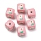 Opaque Acrylic Beads, Cube with Flower, Pink, 14x14x14mm, Hole: 4mm