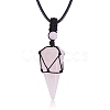 Natural Rose Quartz Cone Braided Pendant Necklace NJEW-SZ0001-59E-1