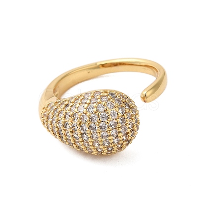 Teardrop Brass Micro Pave Clear Cubic Zirconia Open Cuff Rings for Women RJEW-A046-07G-1