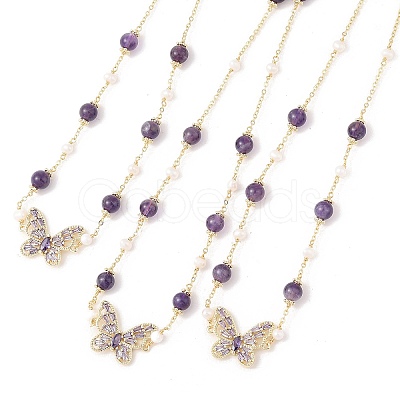 Natural Amethyst & Pearl Beaded Necklaces NJEW-L119-11G-1